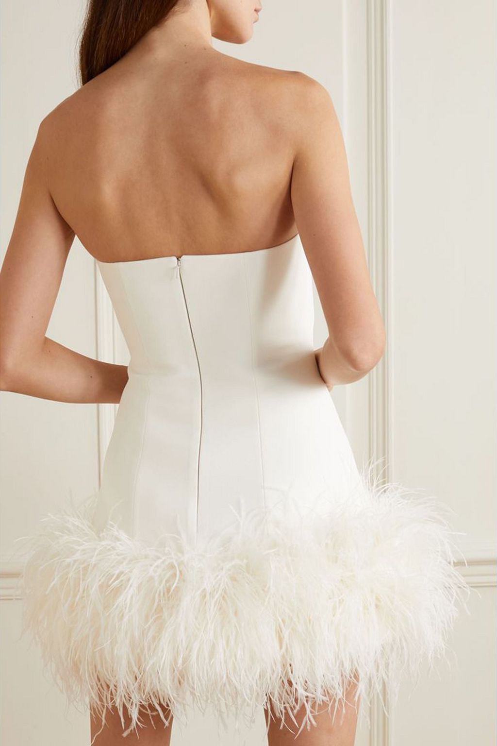 SAFIYAA Rowan strapless feather-trimmed stretch-crepe mini dress