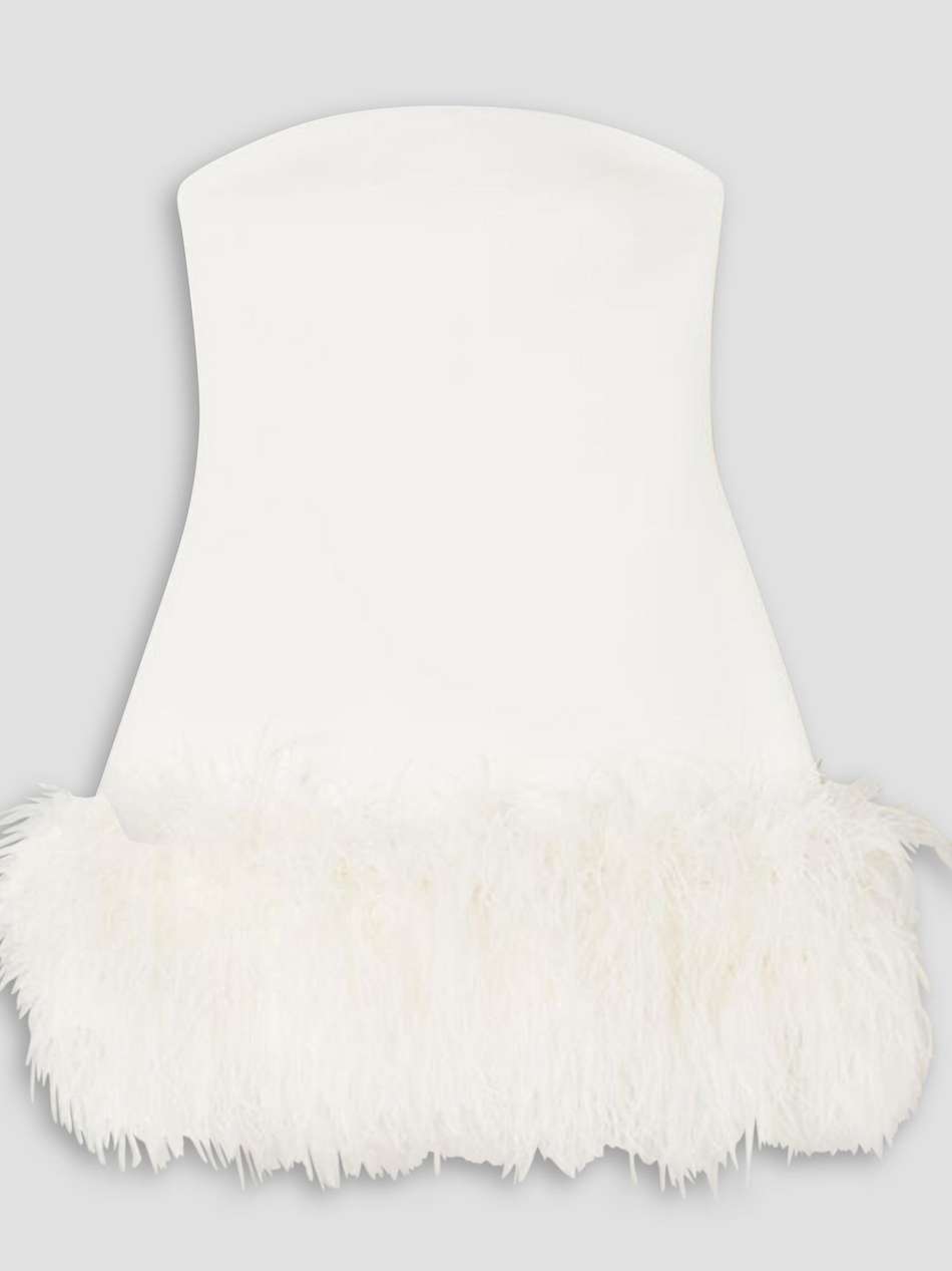 rowan strapless feather-trimmed stretch-crepe mini dress