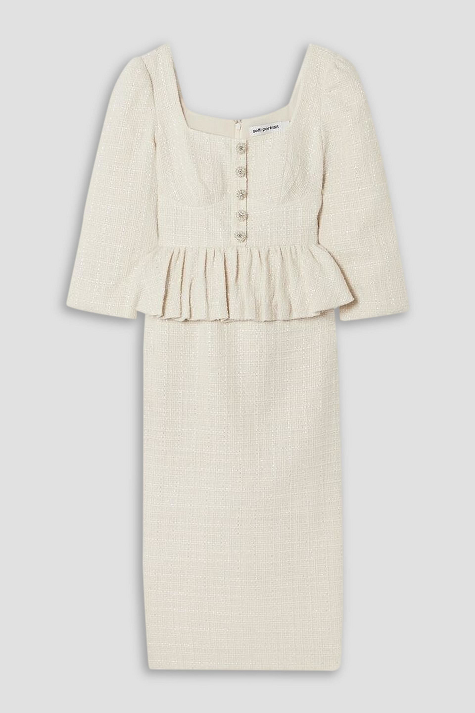 SELF-PORTRAIT EMBELLISHED BOUCLÉ-TWEED PEPLUM MIDI DRESS