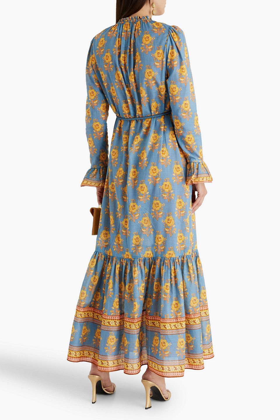 Zimmermann Belted Ruffled Floral-print Cotton-voile Maxi Dress In Blue