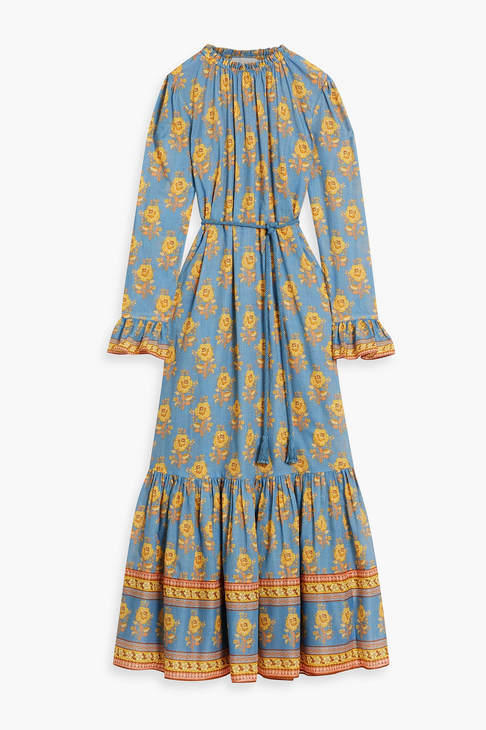 Zimmermann Belted Ruffled Floral-print Cotton-voile Maxi Dress In Blue