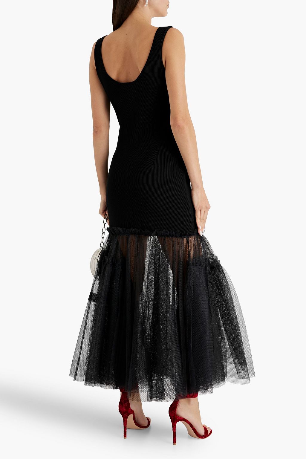 MCQUEEN Flared tulle and ribbed-knit maxi dress