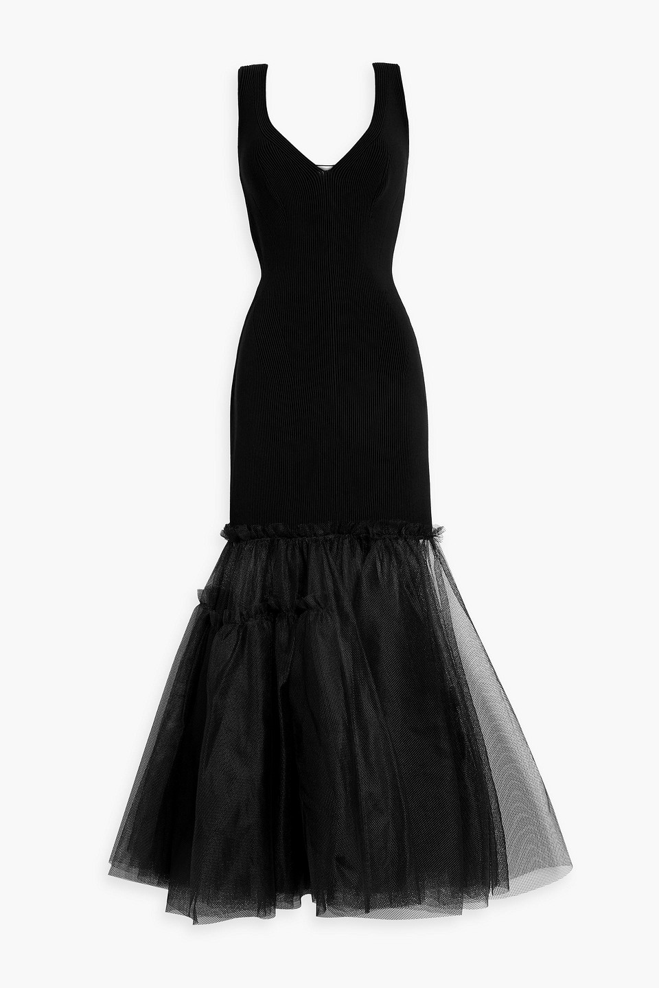 Alexander Mcqueen Flared Tulle And Ribbed-knit Maxi Dress