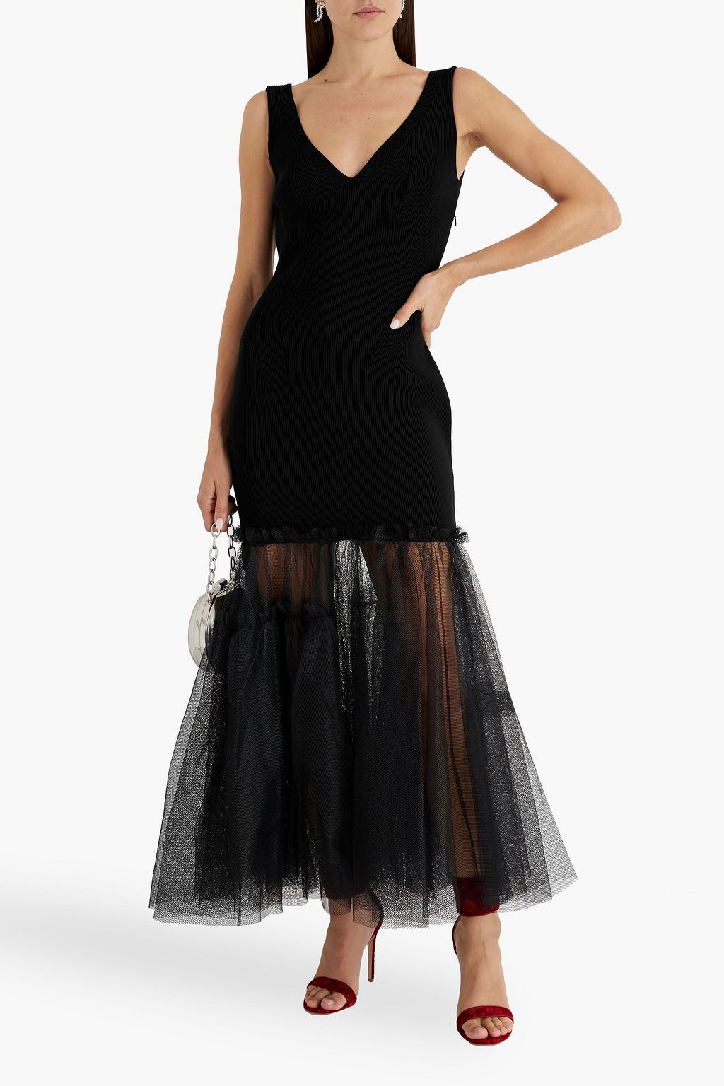 MCQUEEN Flared tulle and ribbed-knit maxi dress