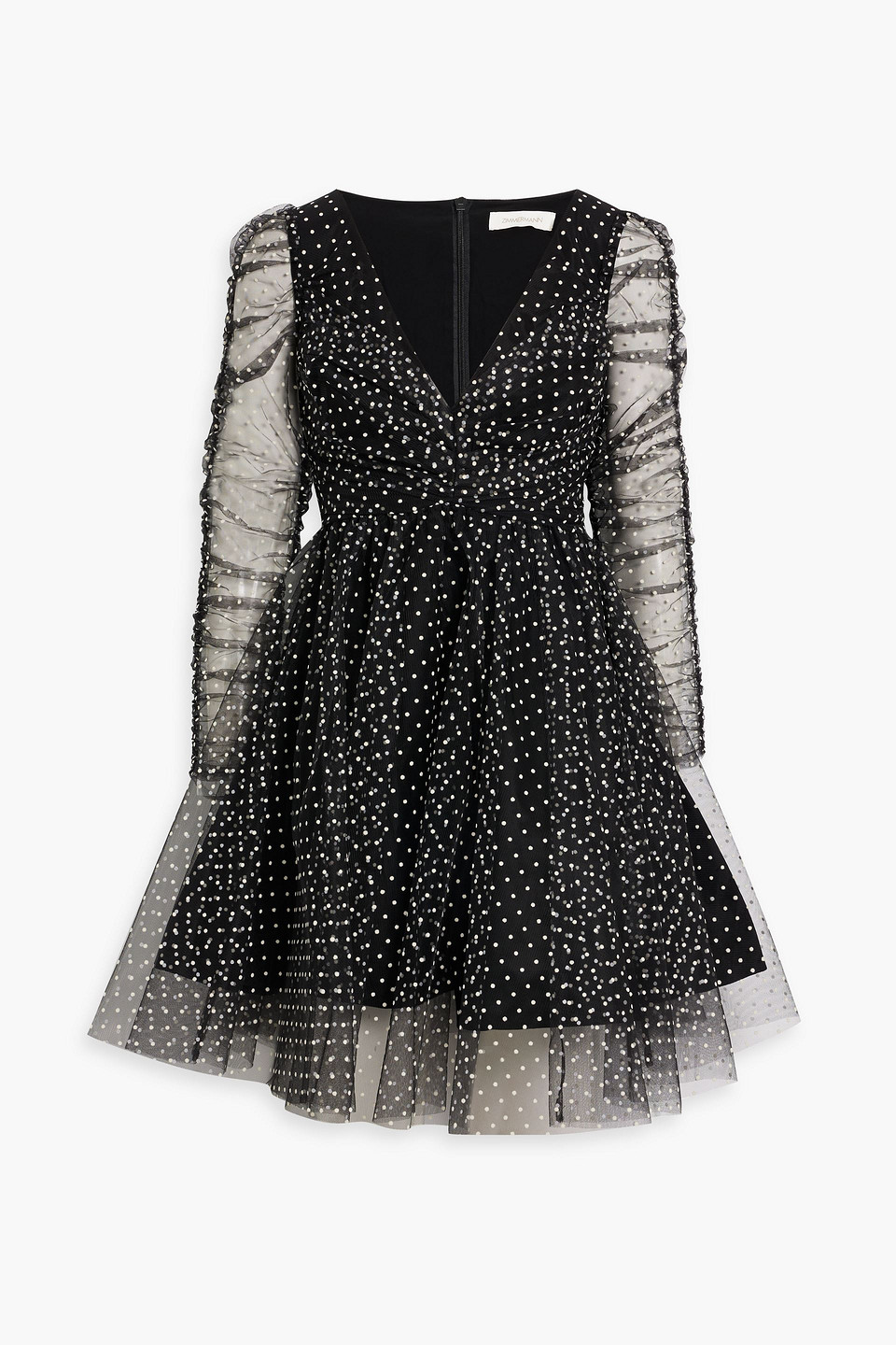 Zimmermann Dot Ruched Tulle Dress In Black
