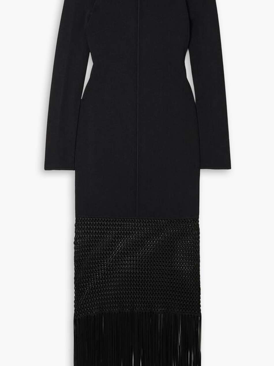 fringed macramé-trimmed knitted midi dress