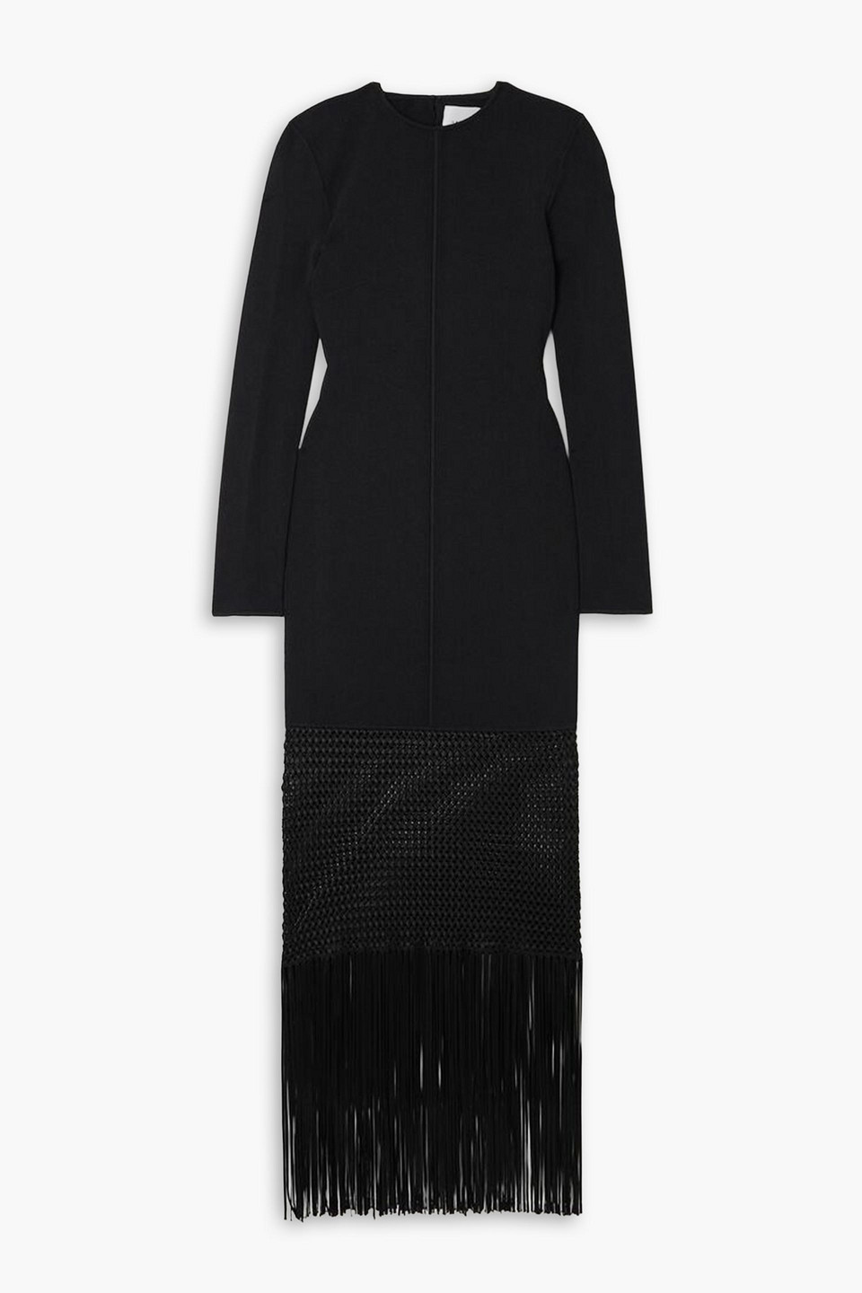 Galvan Fringed Macramé-trimmed Knitted Midi Dress In Black