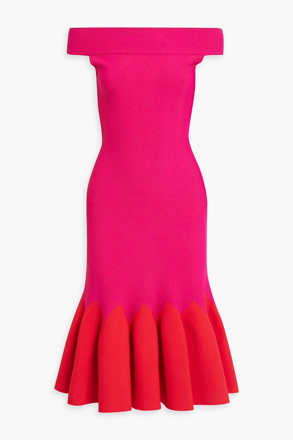 Alexander Mcqueen Off-the-shoulder Two-tone Pointelle-knit Midi Dress In Fuchsia