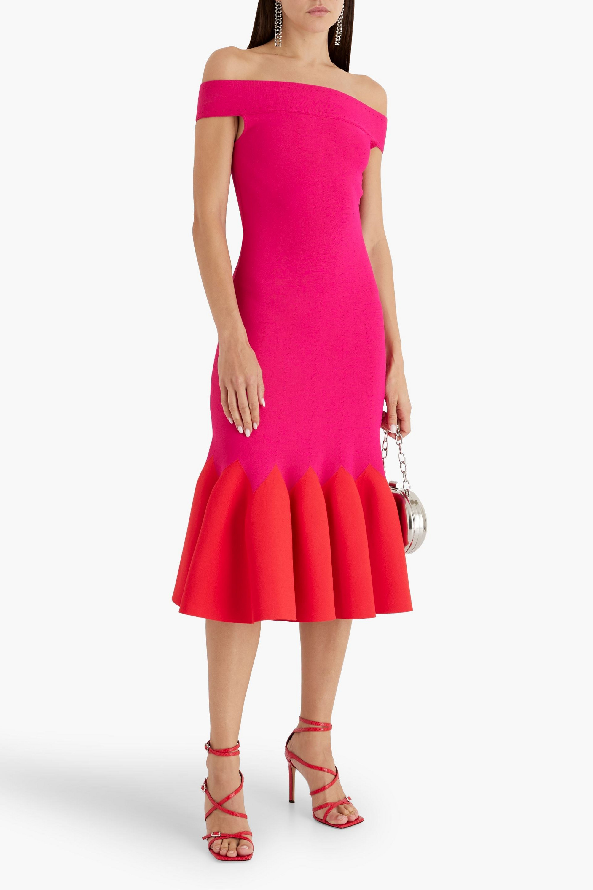 McQueen Off-the-shoulder two-tone pointelle-knit midi dress