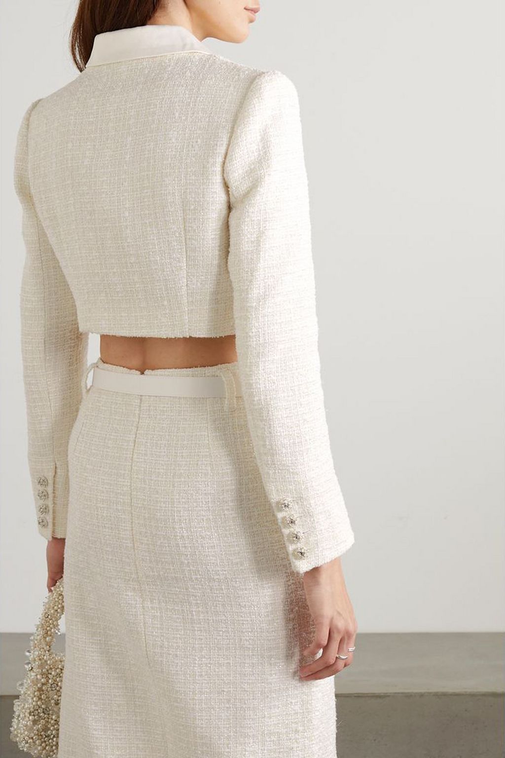 SELF-PORTRAIT Cropped embellished satin-trimmed metallic bouclé-tweed blazer