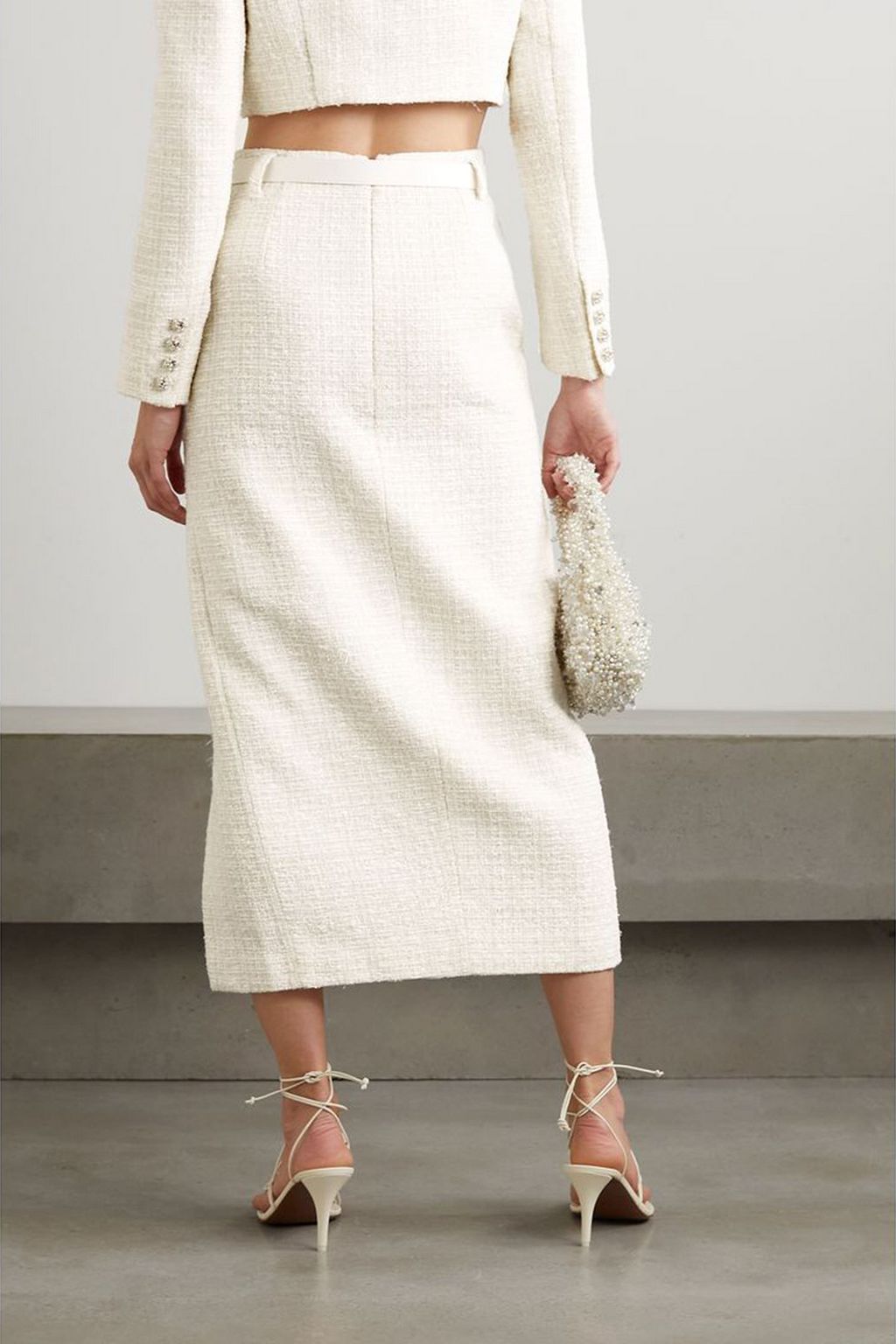 SELF-PORTRAIT Belted satin-trimmed metallic bouclé-tweed midi skirt