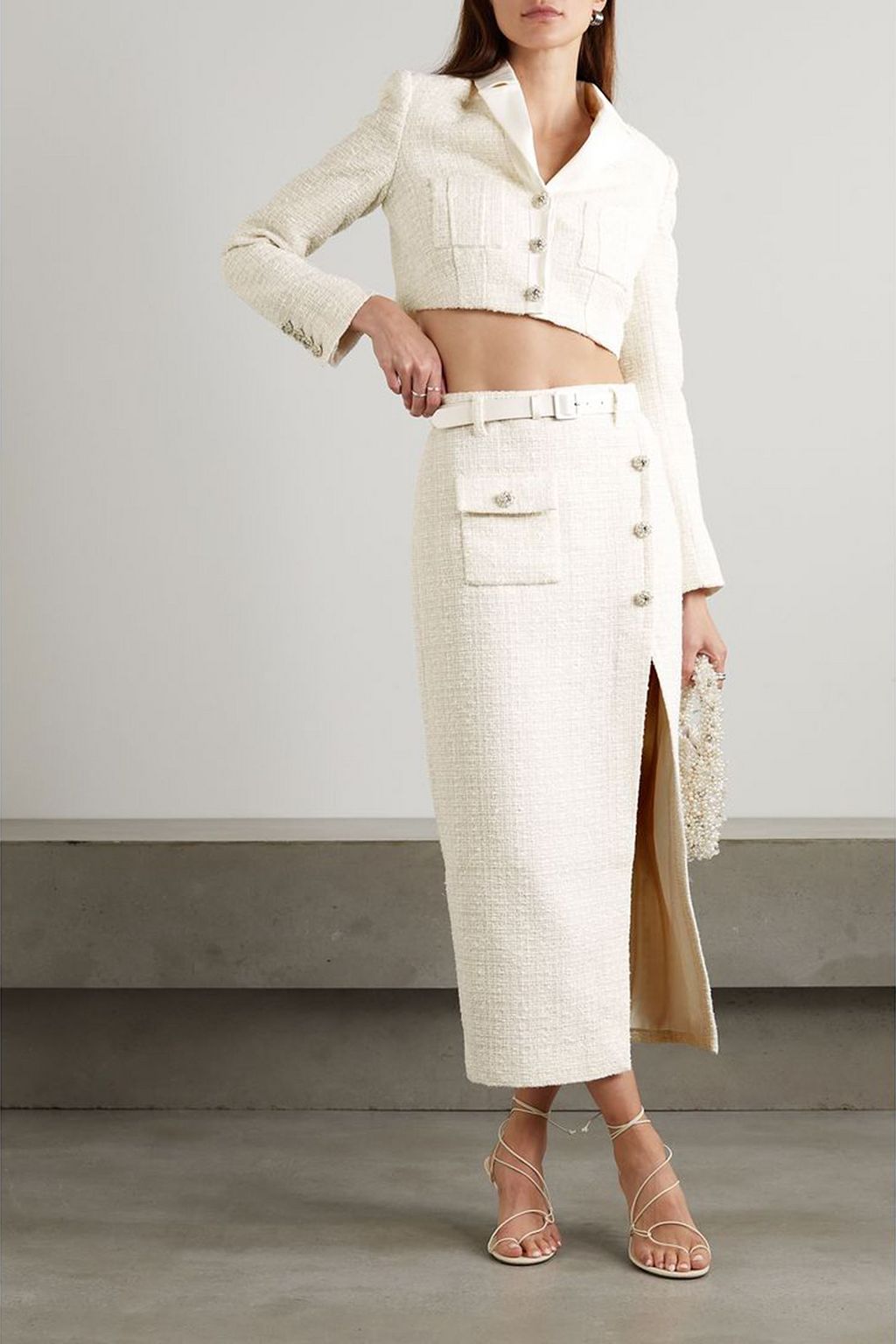 SELF-PORTRAIT Belted satin-trimmed metallic bouclé-tweed midi skirt