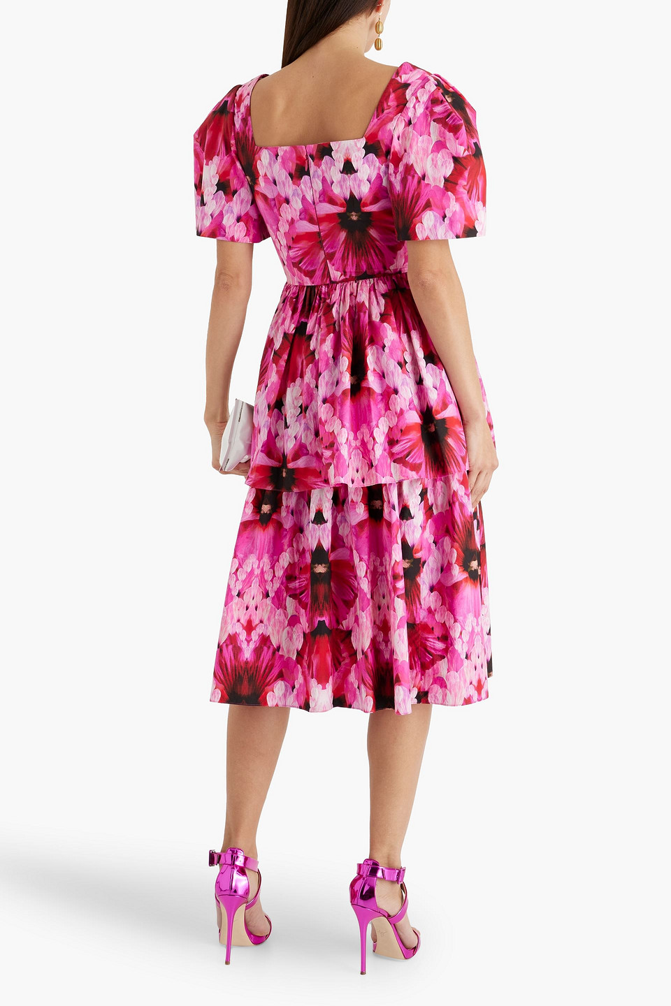 Alexander Mcqueen Layered Floral-print Cotton-poplin Midi Dress In Fuchsia