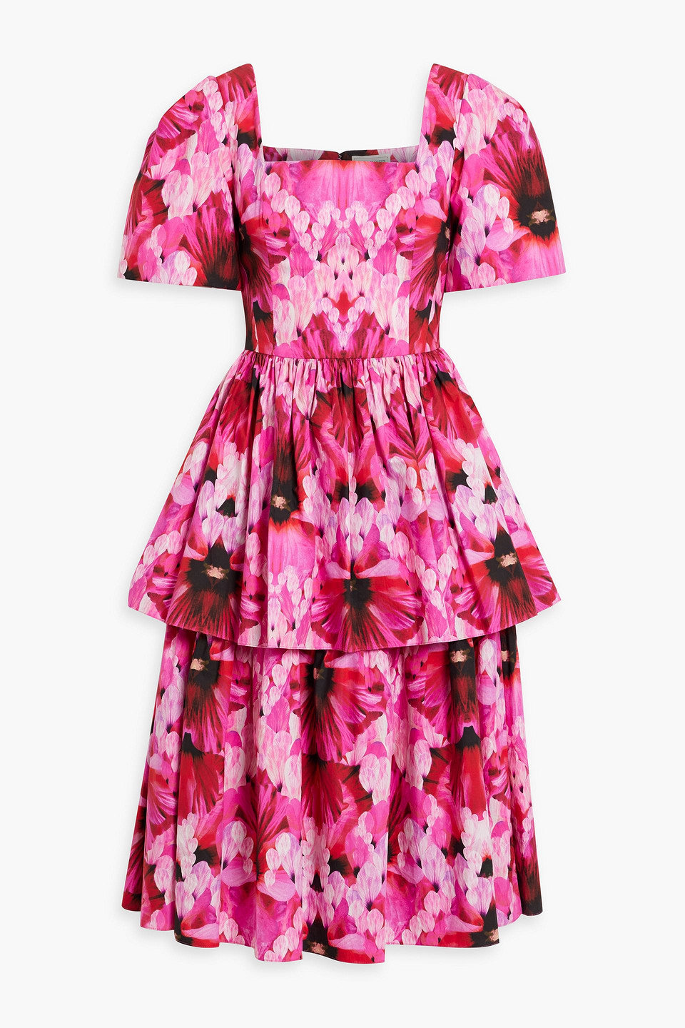 Alexander Mcqueen Layered Floral-print Cotton-poplin Midi Dress In Fuchsia