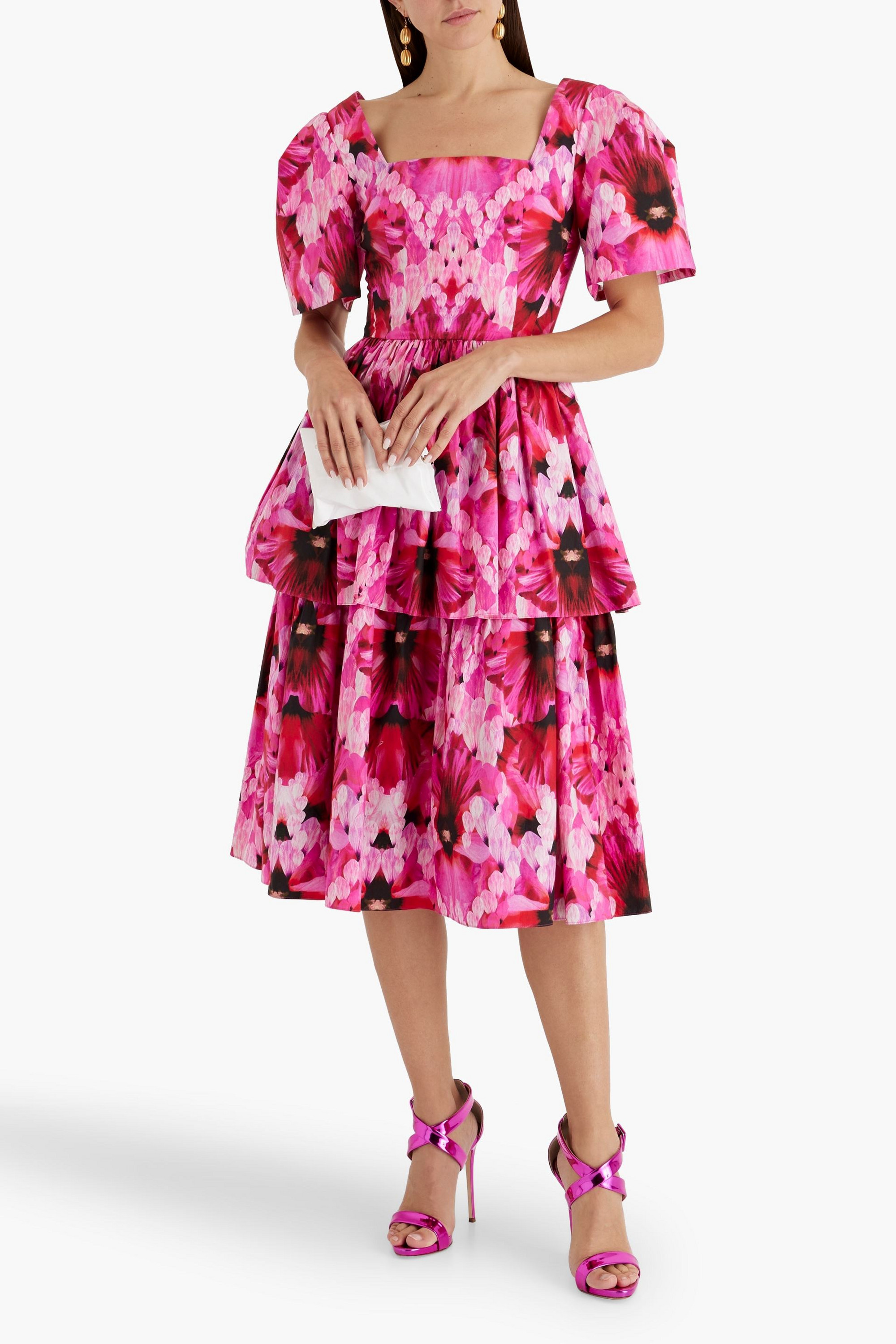 McQueen Layered floral-print cotton-poplin midi dress