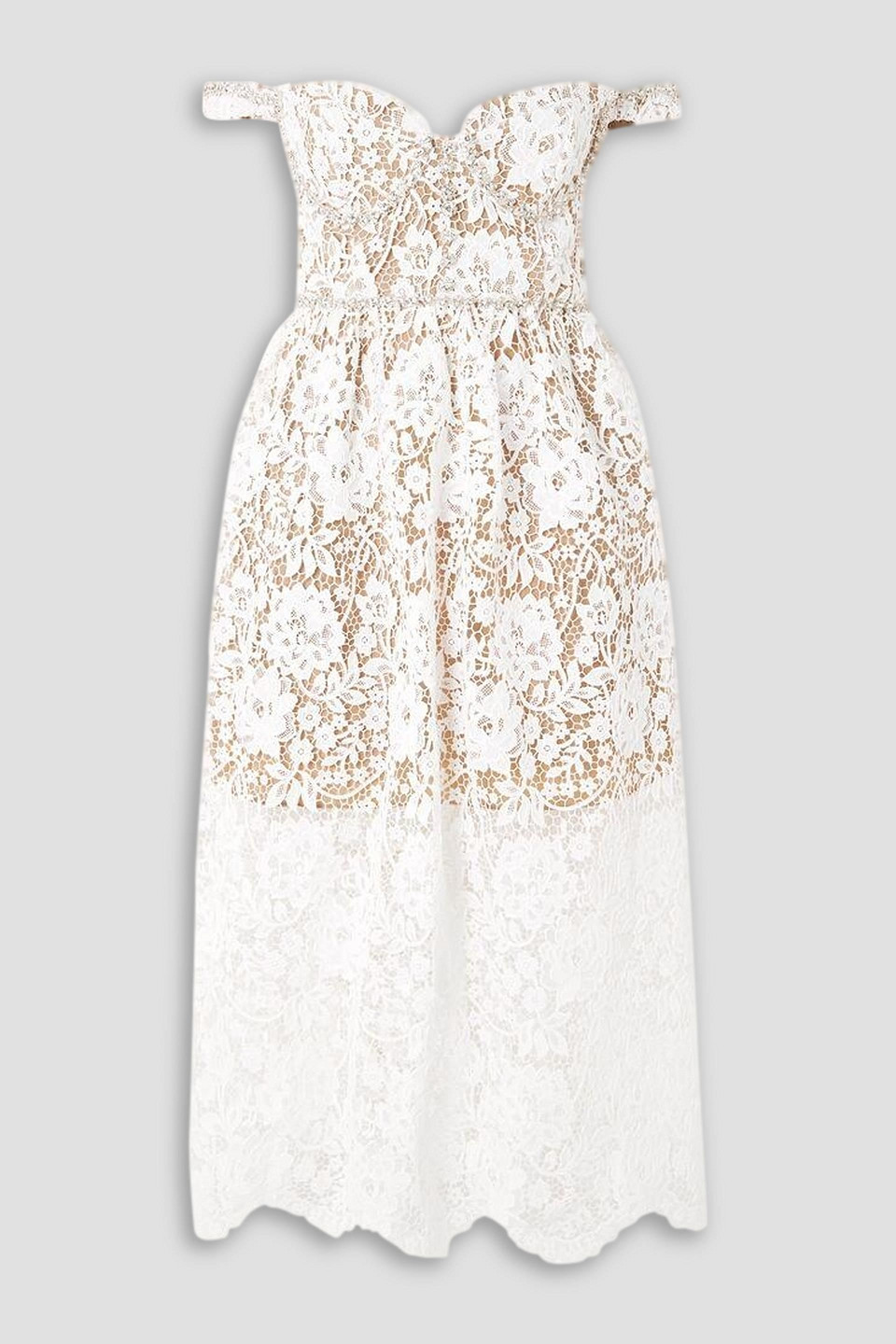 Self-portrait Off-the-shoulder Crystal-embellished Corded Lace Midi Dress In White