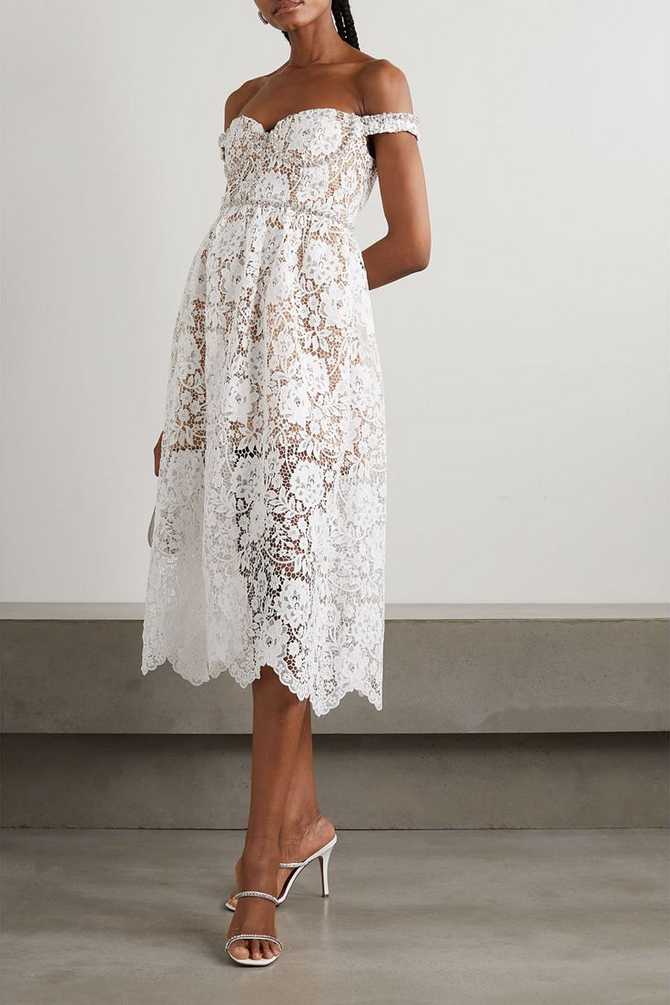 SELF-PORTRAIT OFF-THE-SHOULDER CRYSTAL-EMBELLISHED CORDED LACE MIDI DRESS