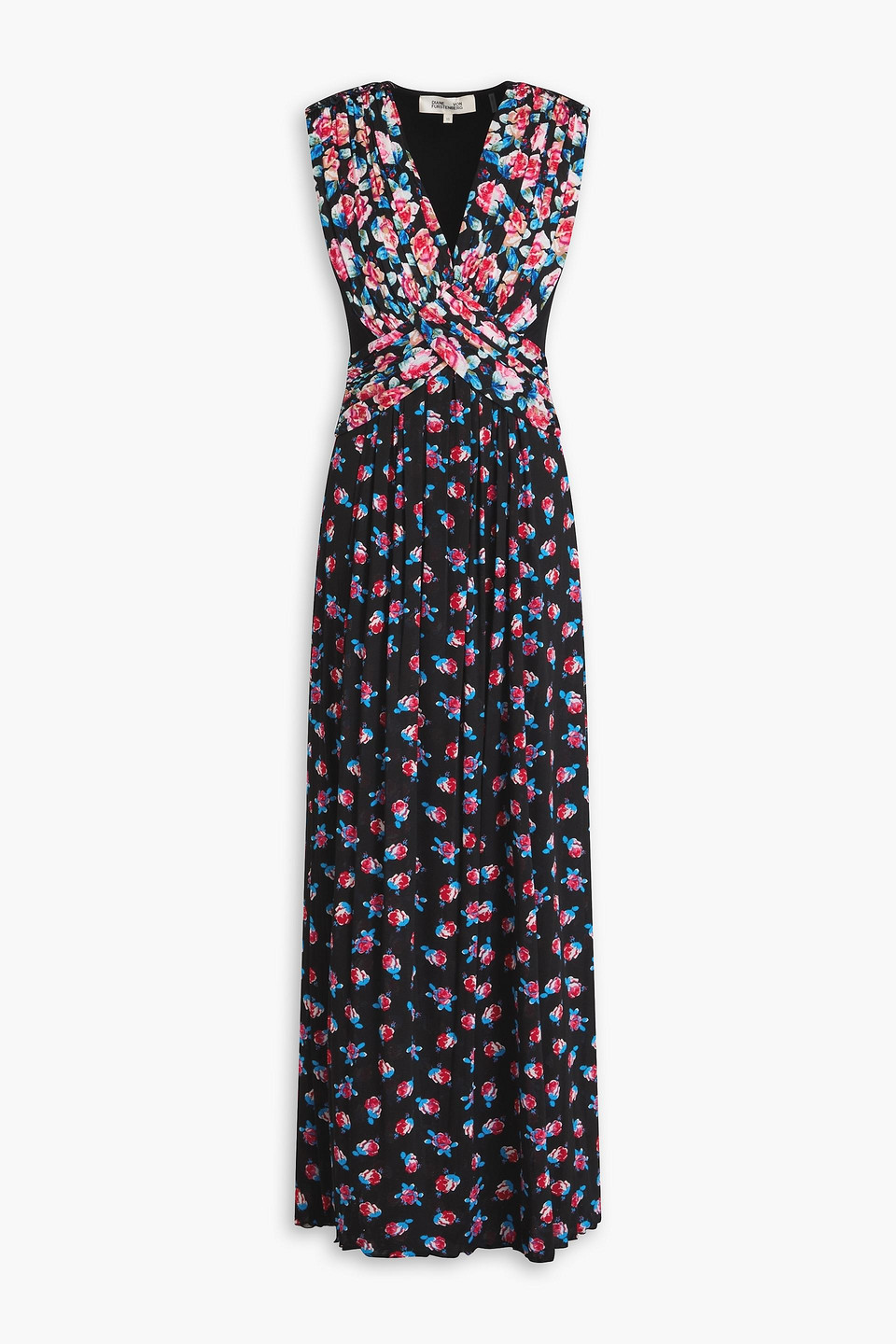 Diane Von Furstenberg Marika Pleated Floral-print Jersey Maxi Dress In Black
