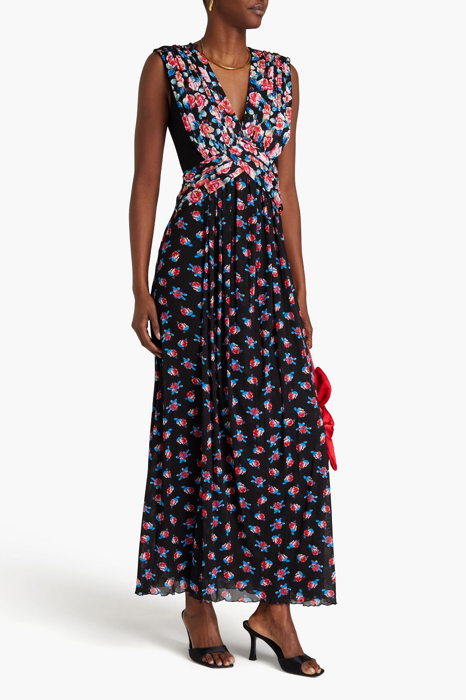 Diane Von Furstenberg Marika Pleated Floral-print Jersey Maxi Dress In Black