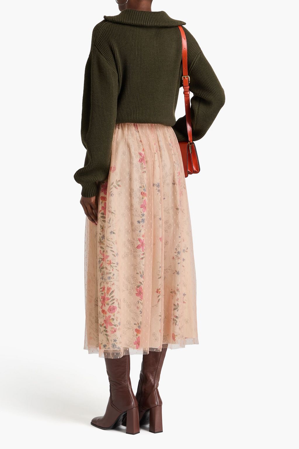 REDVALENTINO تنورة متوسطة الطول مصنوعة من قماش بوان ديسبري بتصميم مزموم ومزينة بطبعة الأزهار