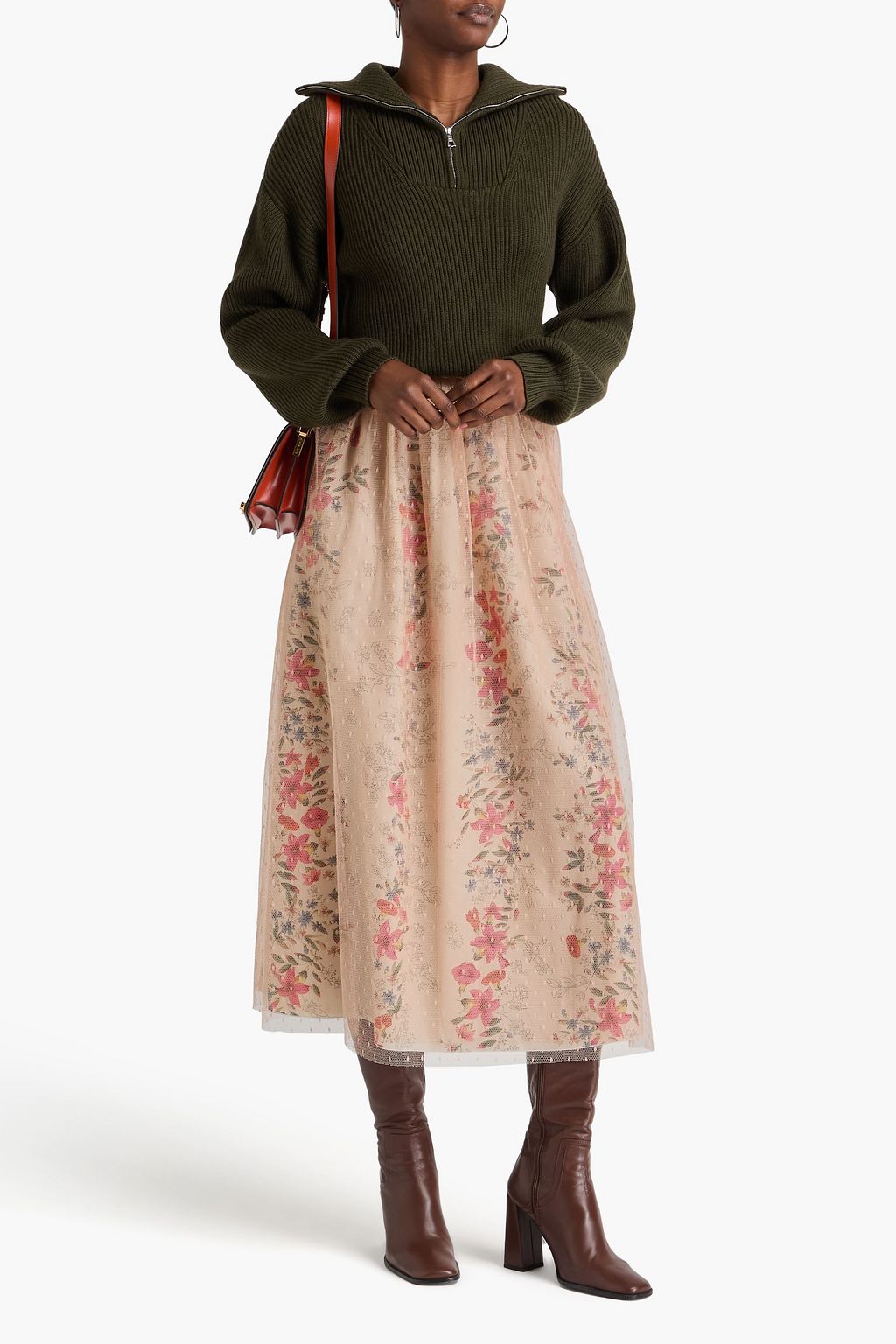 REDVALENTINO تنورة متوسطة الطول مصنوعة من قماش بوان ديسبري بتصميم مزموم ومزينة بطبعة الأزهار
