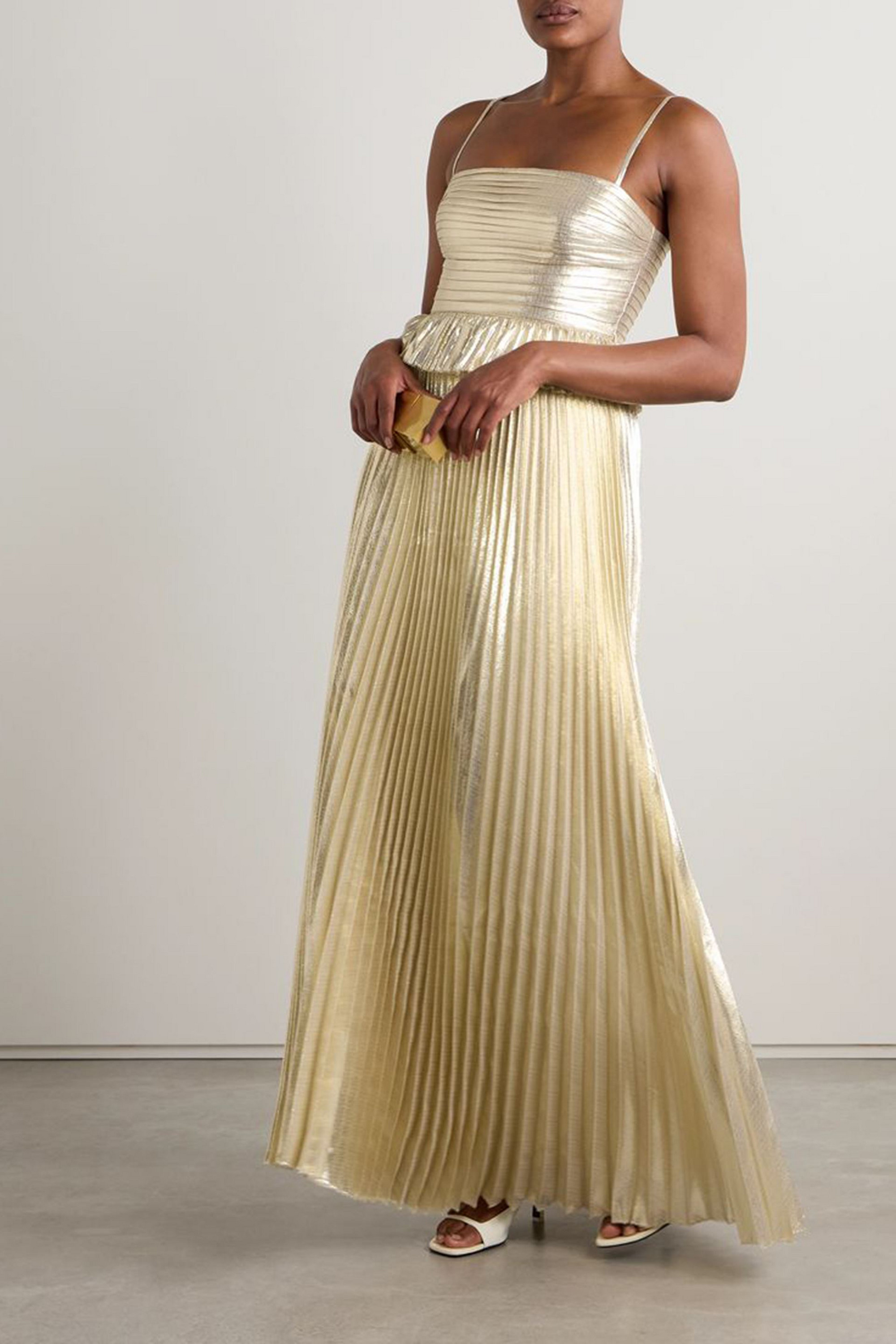self-portrait Pintucked plissé-lamé gown