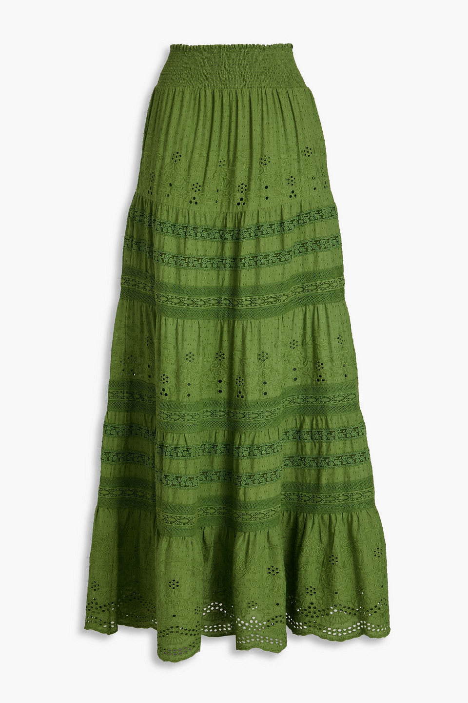 Alice And Olivia Aisha Tiered Swiss-dot Broderie Anglaise Cotton Maxi Skirt In Leaf Green