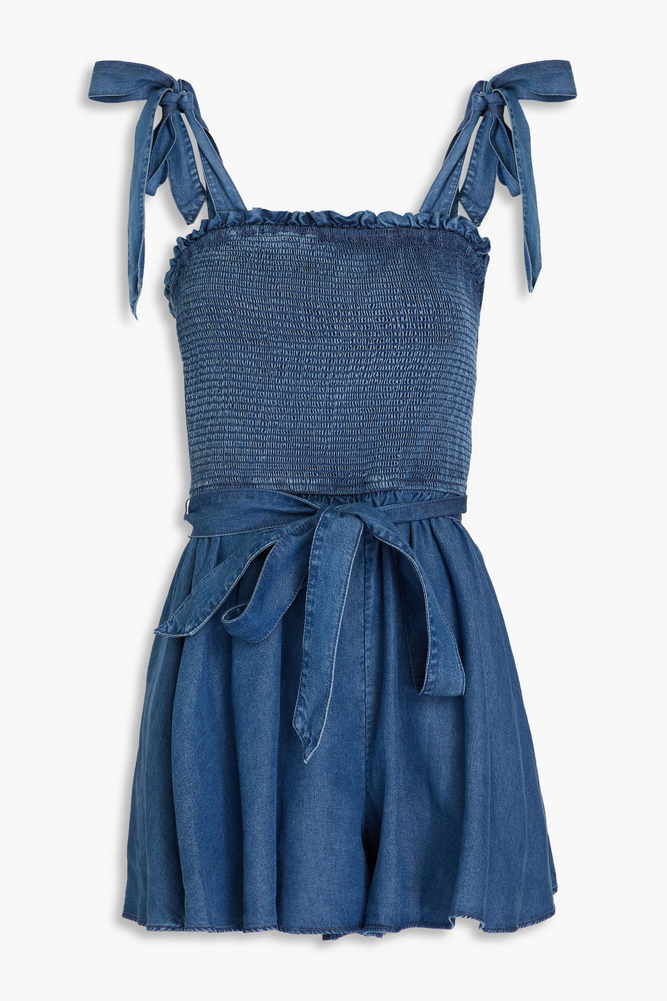 Alice And Olivia Roz Smocked Chambray Playsuit In Blue