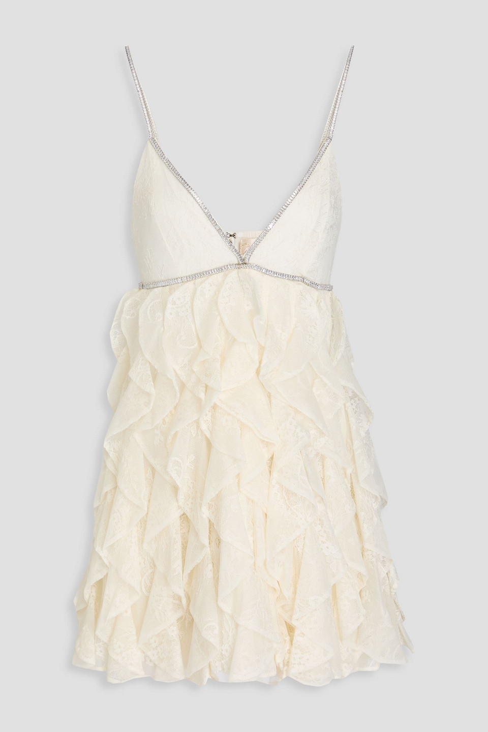Alice And Olivia Wilmarie Embellished Lace Ruffle Mini Gown In Ivory