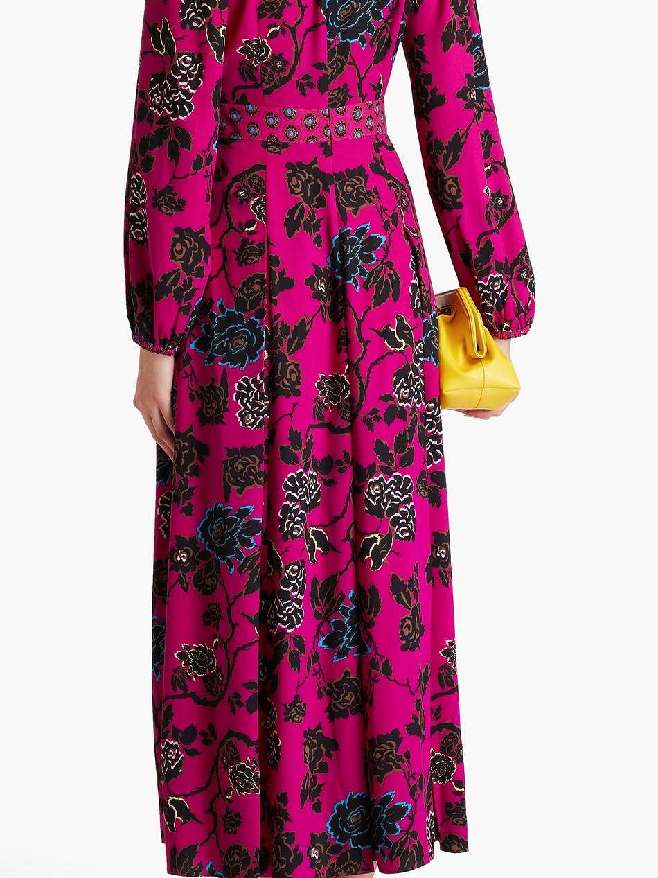 anjali pleated floral-print crepe midi dress
