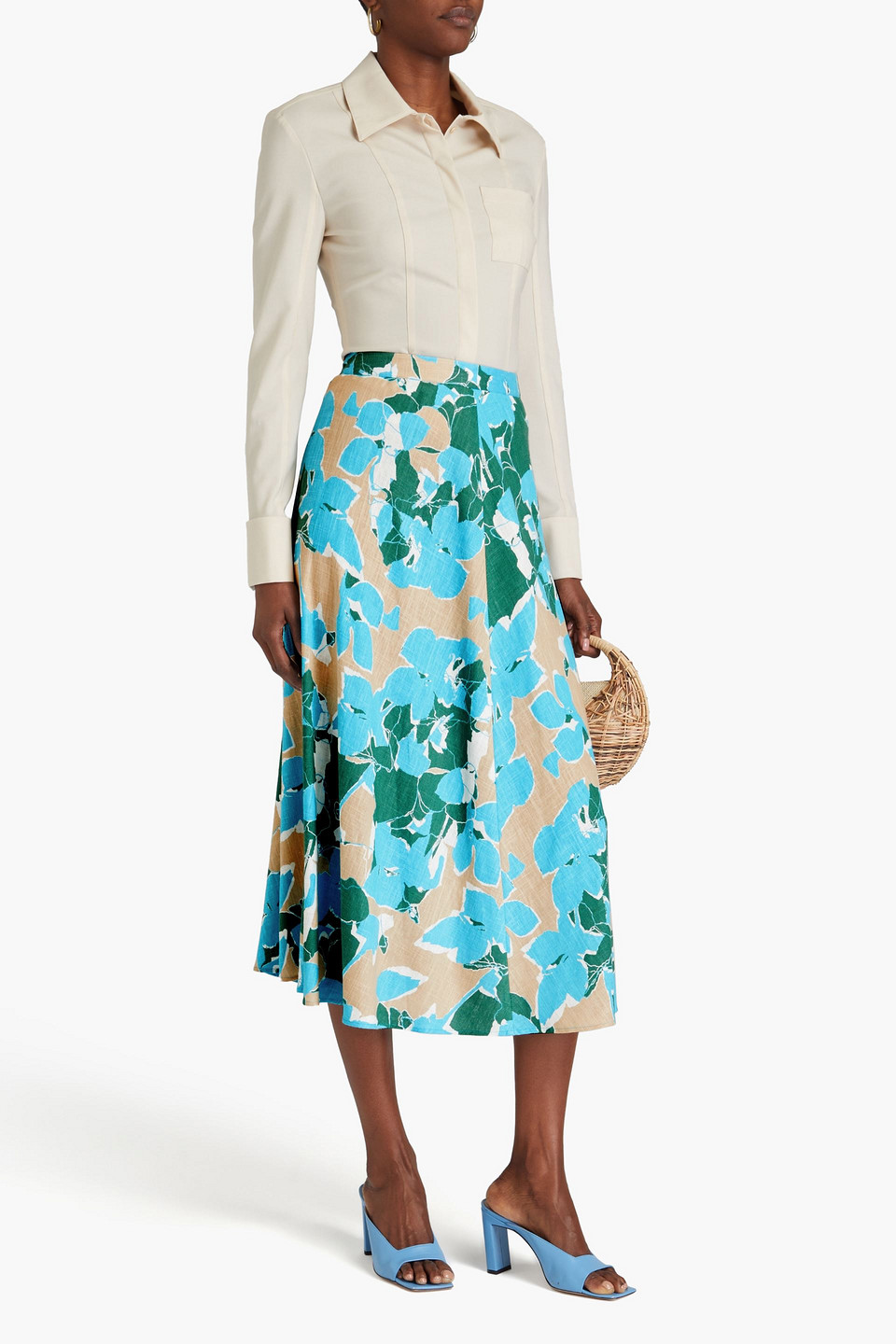 Diane Von Furstenberg Floral-print Slub Woven Midi Skirt In Turquoise