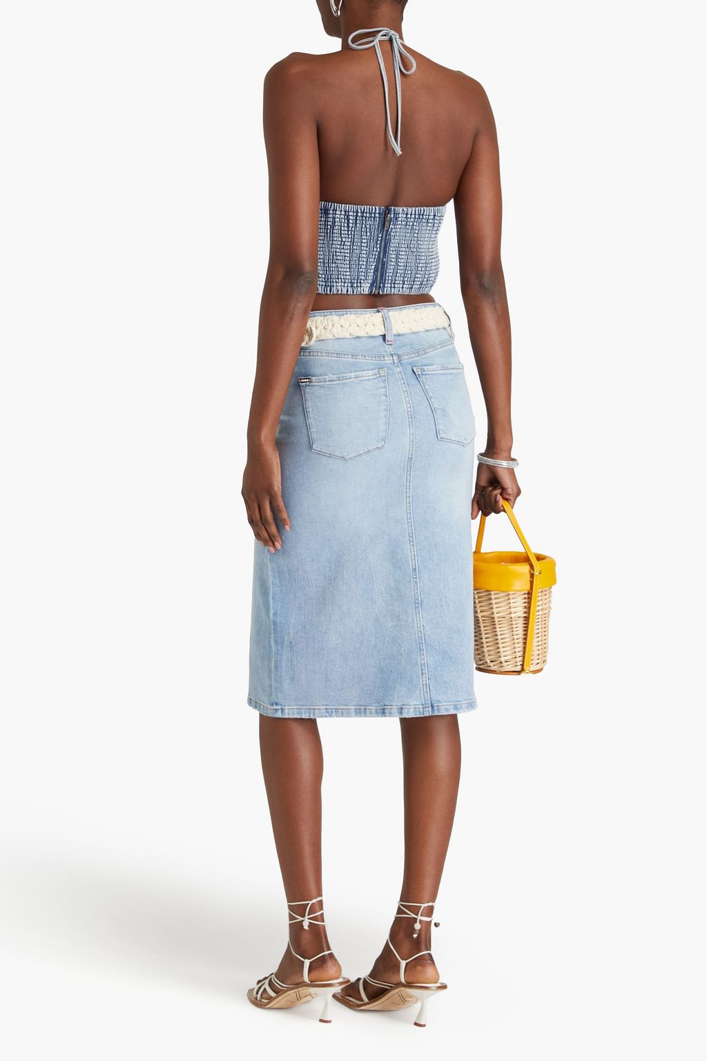 ALICE + OLIVIA JEANS 디스트레스드 디테일 페이디드 데님 스커트