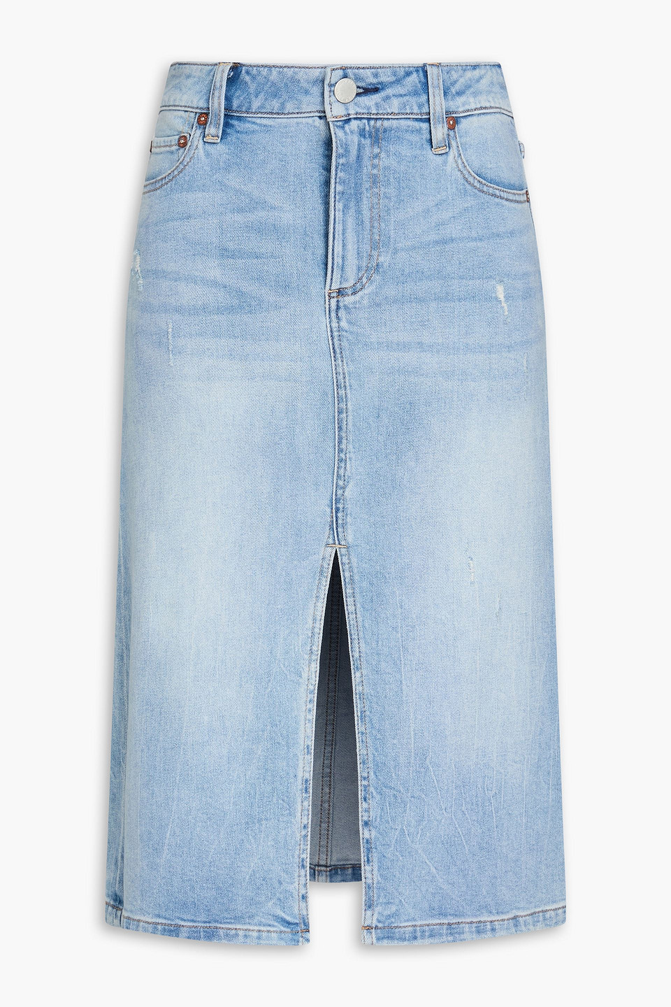 Distressed faded denim skirt