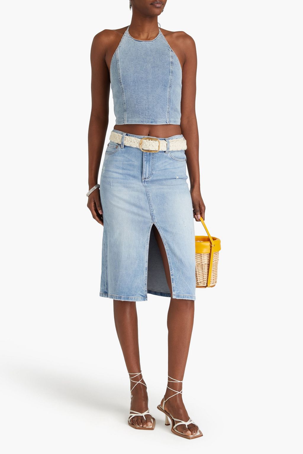 ALICE + OLIVIA JEANS 디스트레스드 디테일 페이디드 데님 스커트
