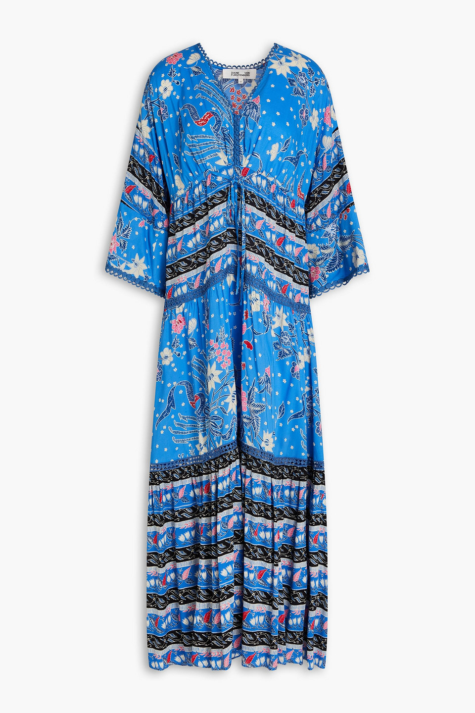 Diane Von Furstenberg Boris Crochet-trimmed Floral-print Woven Midi Dress In Azure