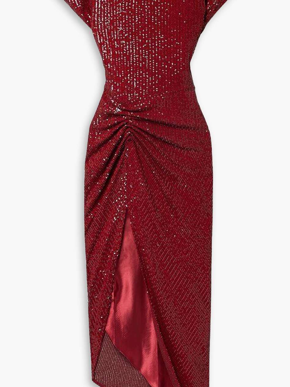 bercot asymmetric ruched sequined tulle midi dress