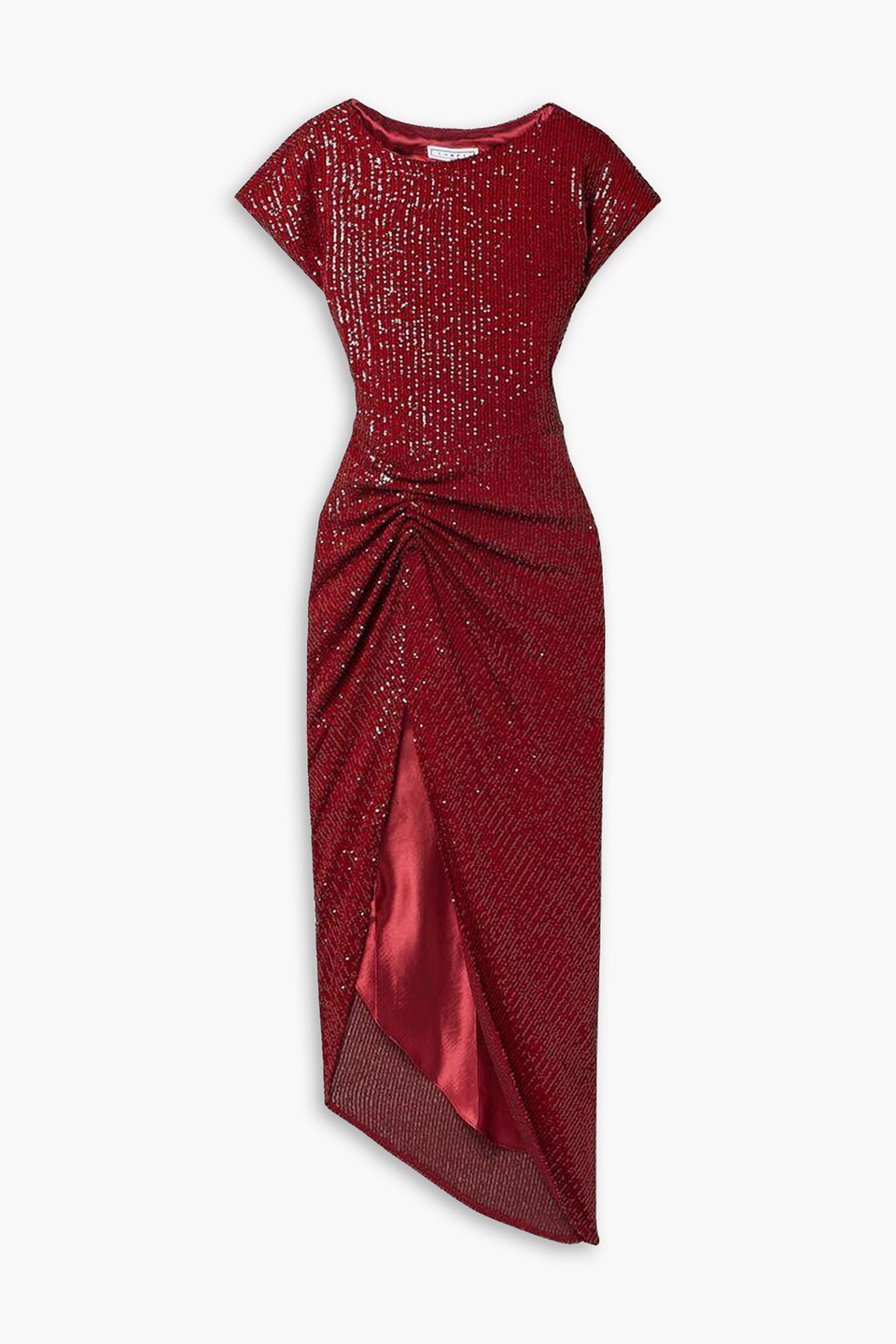 In The Mood For Love Bercot Asymmetric Ruched Sequined Tulle Midi Dress In Merlot