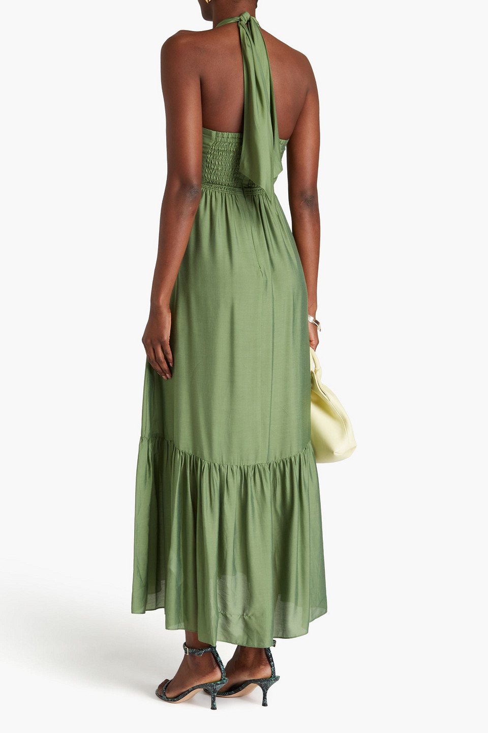 Diane Von Furstenberg Inez Ring-embellished Woven Halterneck Midi Dress In Army Green
