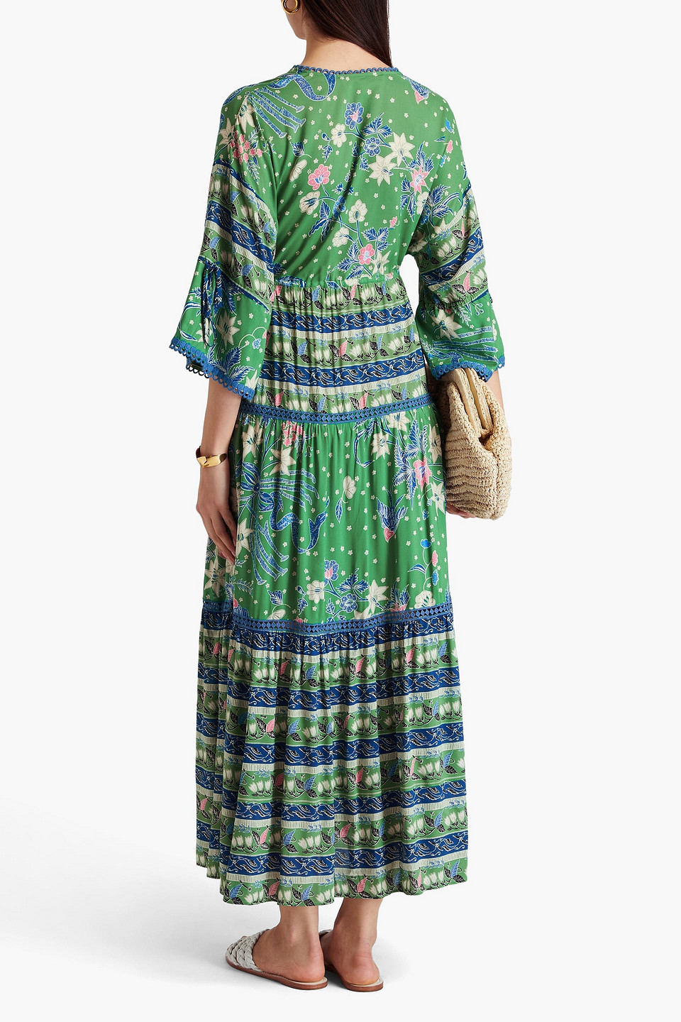 Diane Von Furstenberg Boris Crochet-trimmed Floral-print Woven Midi Dress In Green