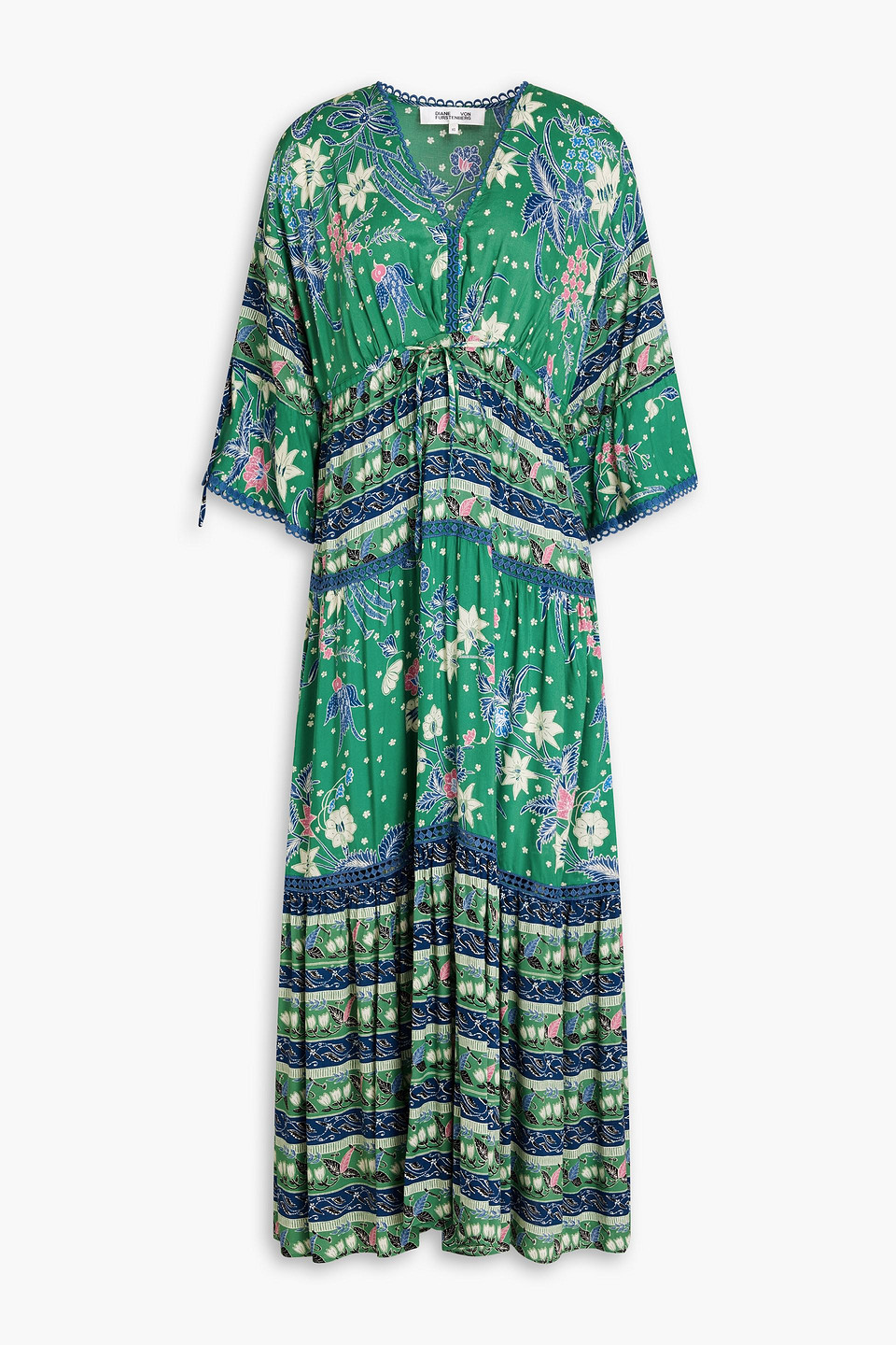 Diane Von Furstenberg Boris Crochet-trimmed Floral-print Woven Midi Dress In Green