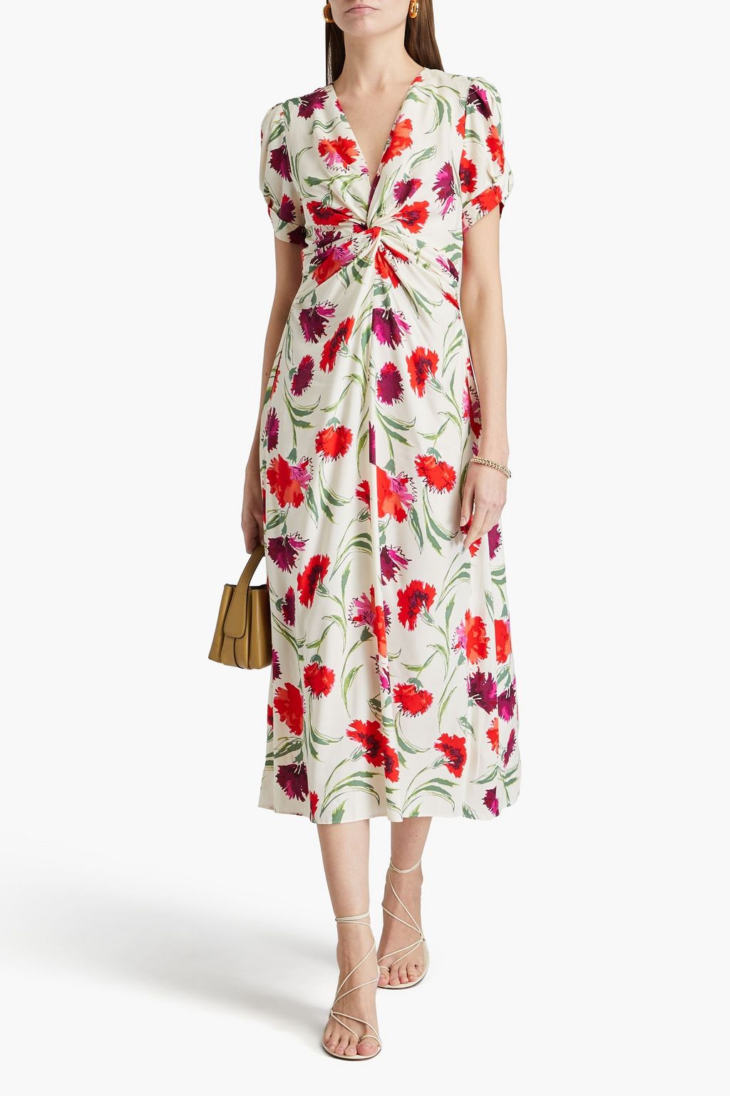 DIANE VON FURSTENBERG 트위스트 프런트 플로럴 프린트 우븐 미디 드레스