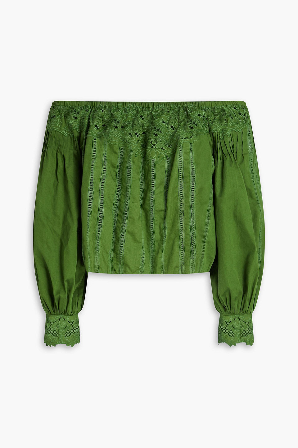 Alice And Olivia Schulterfreies Oberteil Aus Baumwoll-twill Und Makramee-spitze In Blattgrün