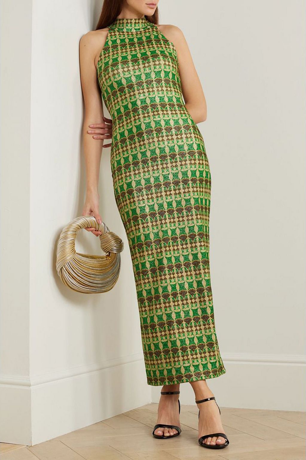 DIMA AYAD Metallic jacquard-knit halterneck maxi dress