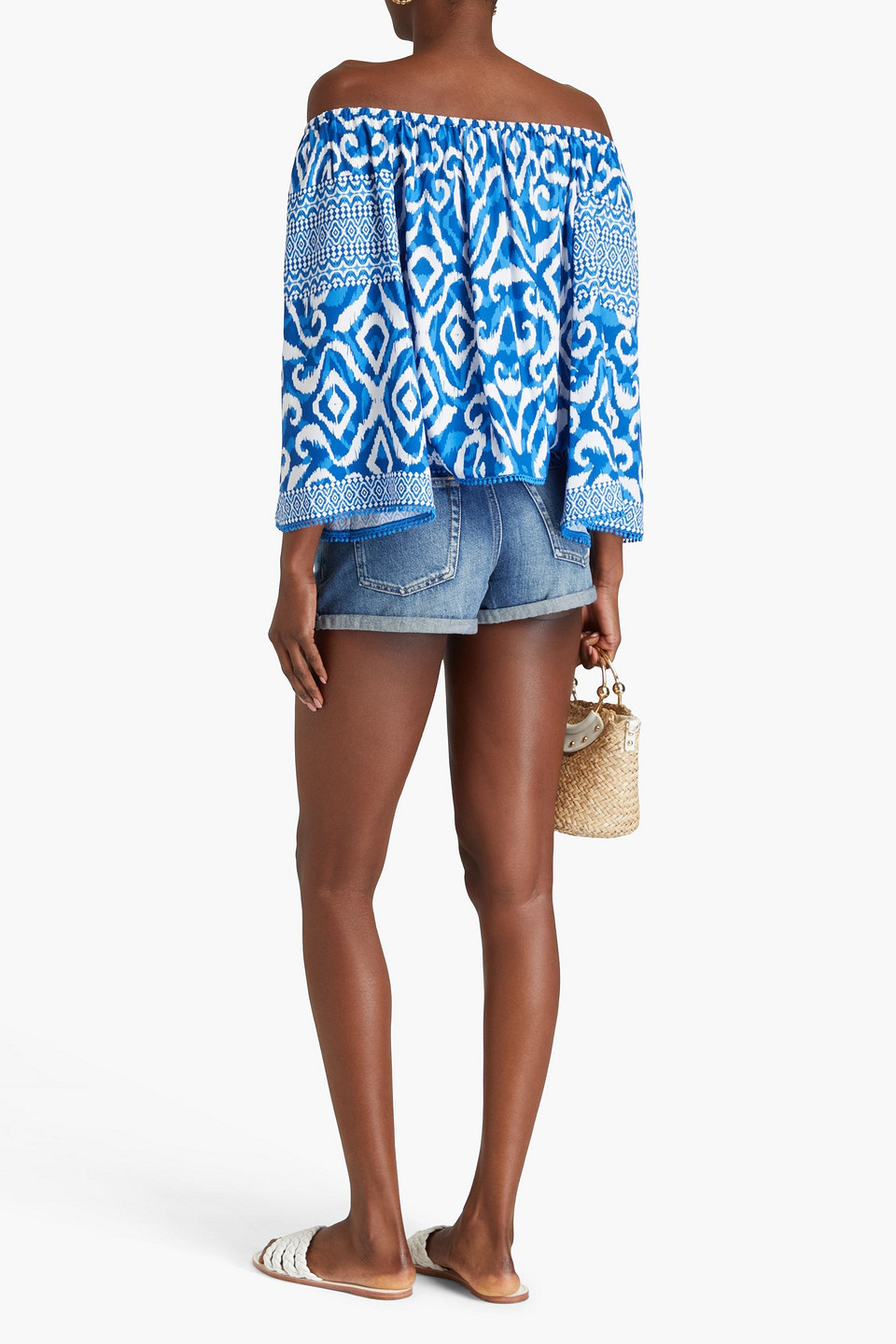 Alice And Olivia Devina Off-the-shoulder Printed Crepe Top In Blue