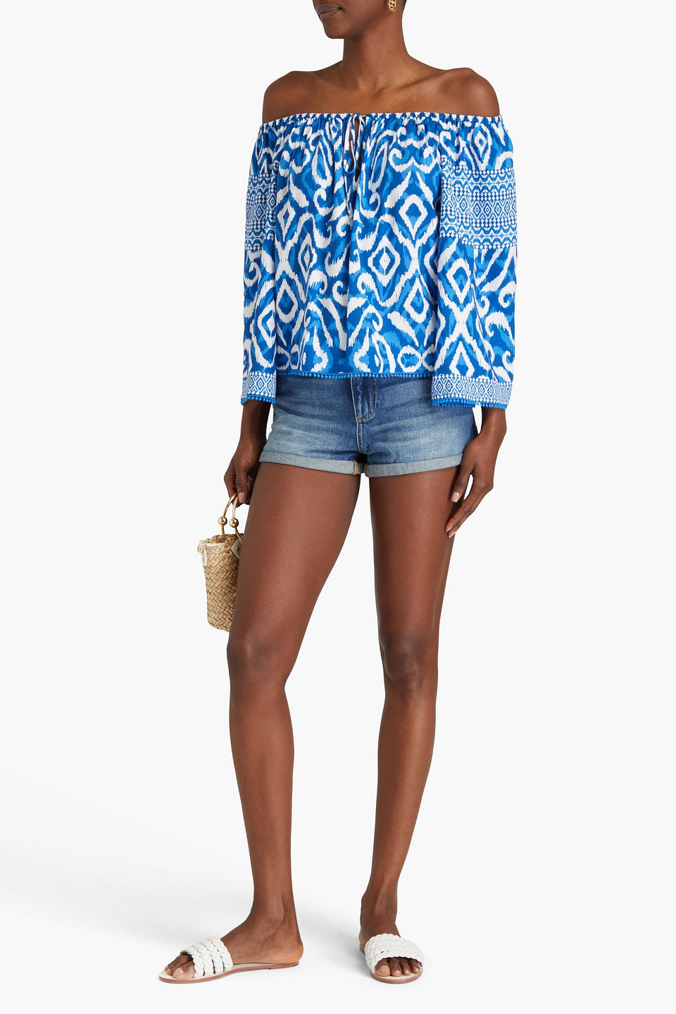 Alice And Olivia Devina Off-the-shoulder Printed Crepe Top In Blue