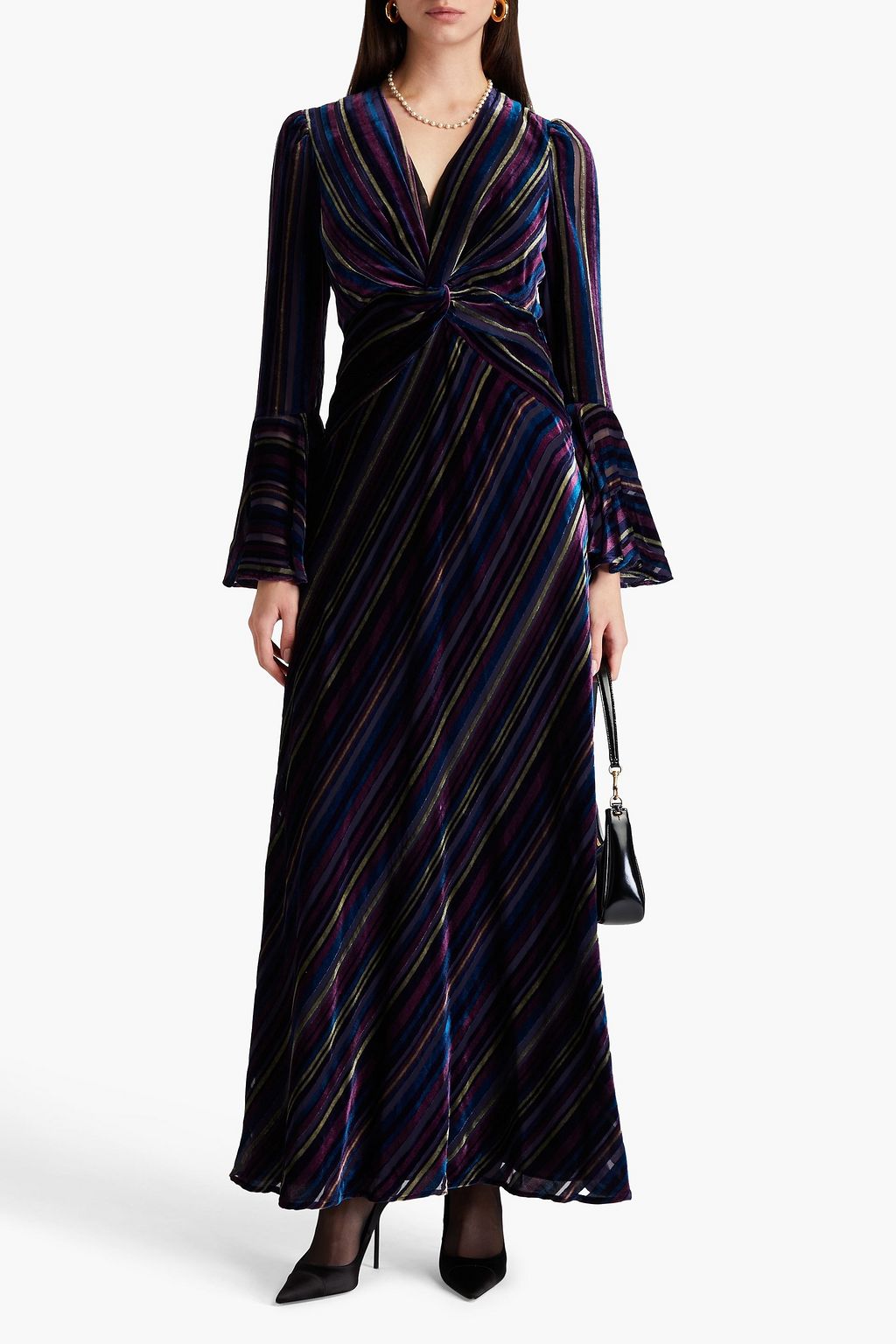 DIANE VON FURSTENBERG فستان "سودها" طويل من المخمل ديفوريه بتصميم مخطط وبقصّة ملفوفة