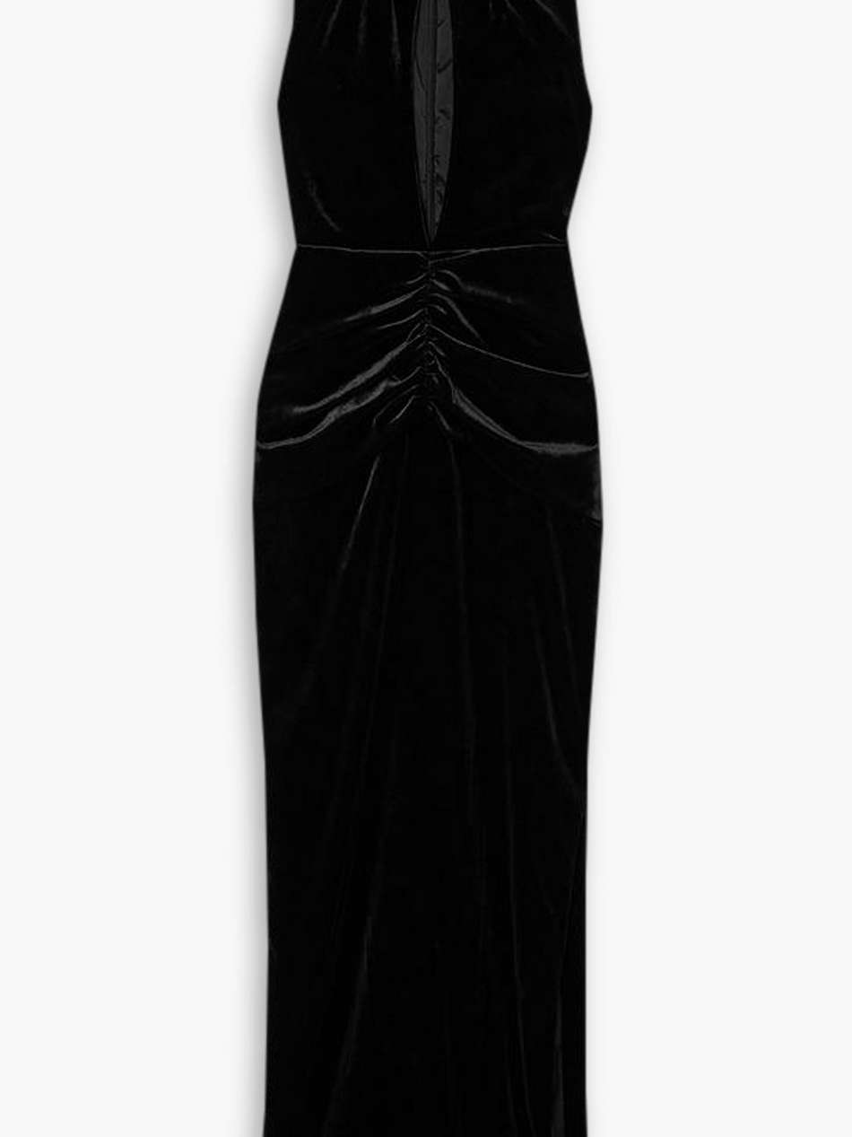 cutout gathered stretch-velvet maxi dress