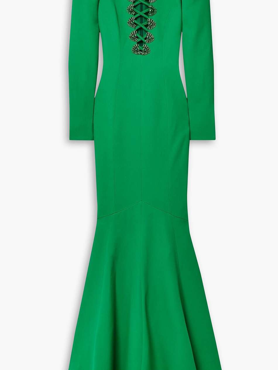 lace-up crystal-embellished crepe gown