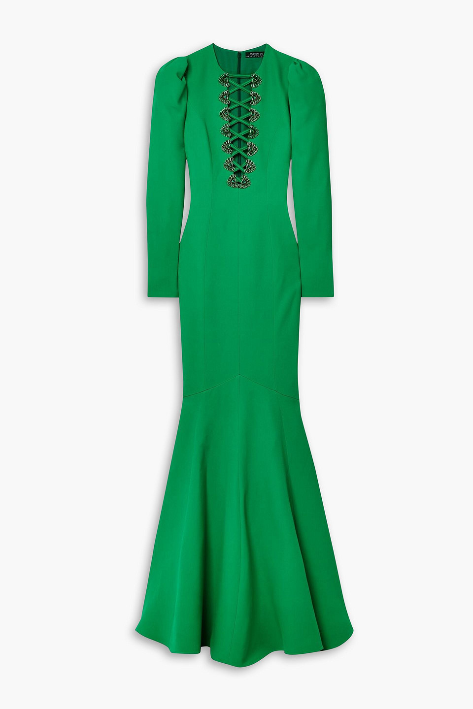 Andrew Gn Lace-up Crystal Embellished Crepe Gown In Emerald