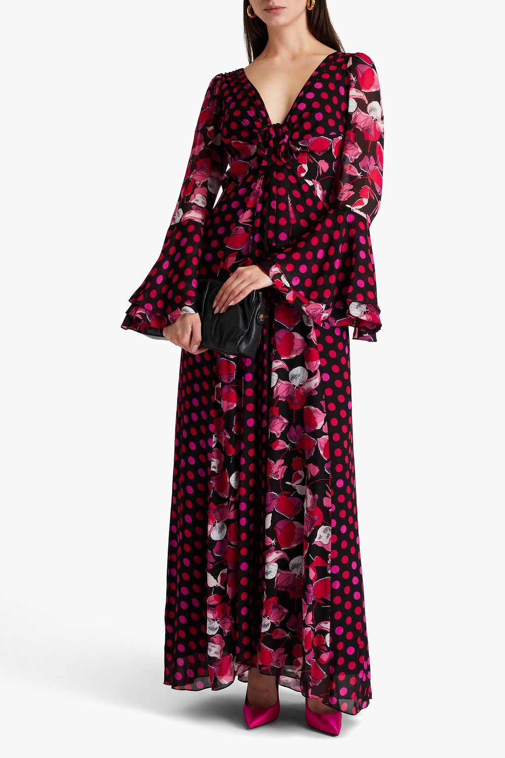 DIANE VON FURSTENBERG فستان "سيلينا" طويل من الكريب مزين بربطة على شكل فراشة وبطبعات